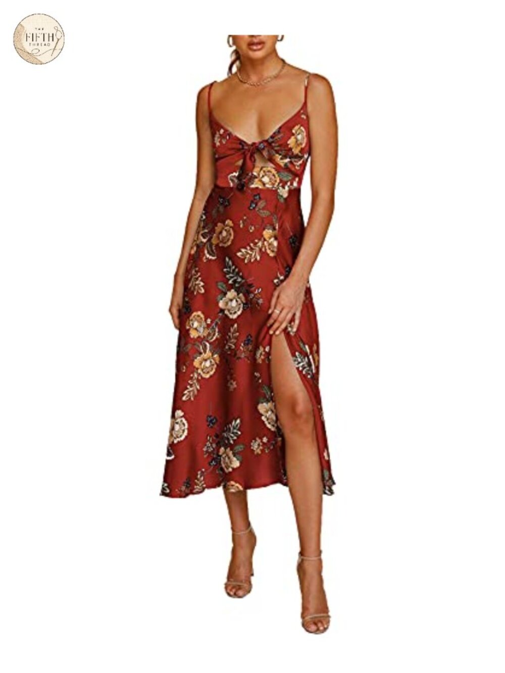 Women's Floral Satin Midi Dress Tie Front Backless Split Spaghetti Strap